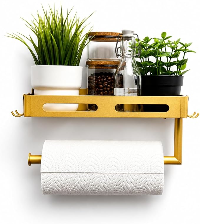 Golden Paper Towel Holder Wall Mount with Shelf